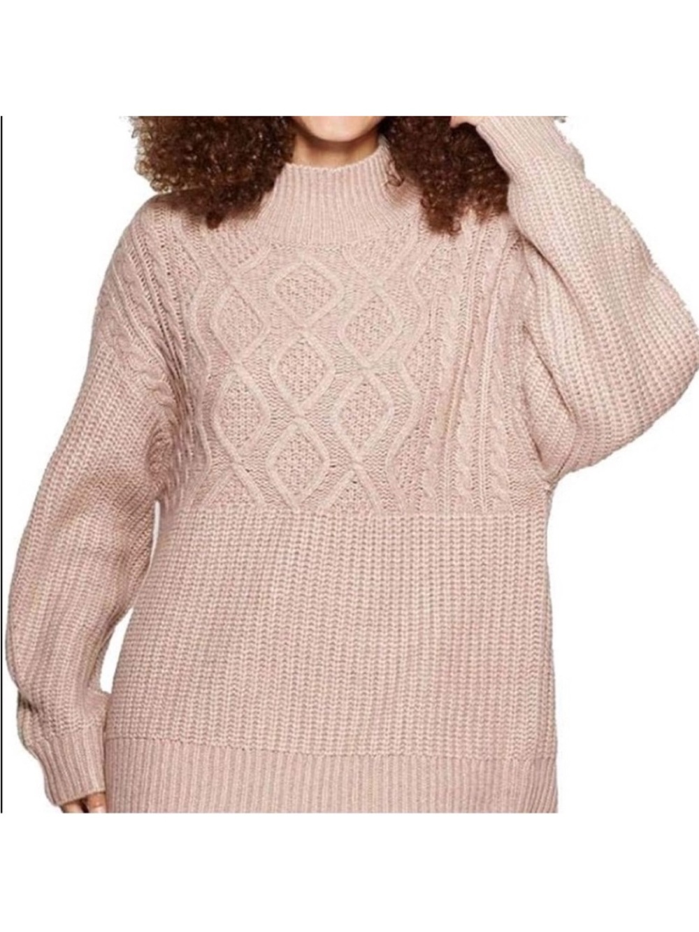 A New Day Chunky Knit Blush Taupe Mock Neck Sweater M Medium Cable Knit